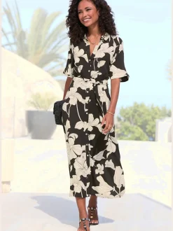 Robe midi à petit col chemisier avec manches courtes et imprimé floral