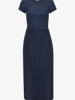 Robe mi-longue avec jupe plissée et col rond