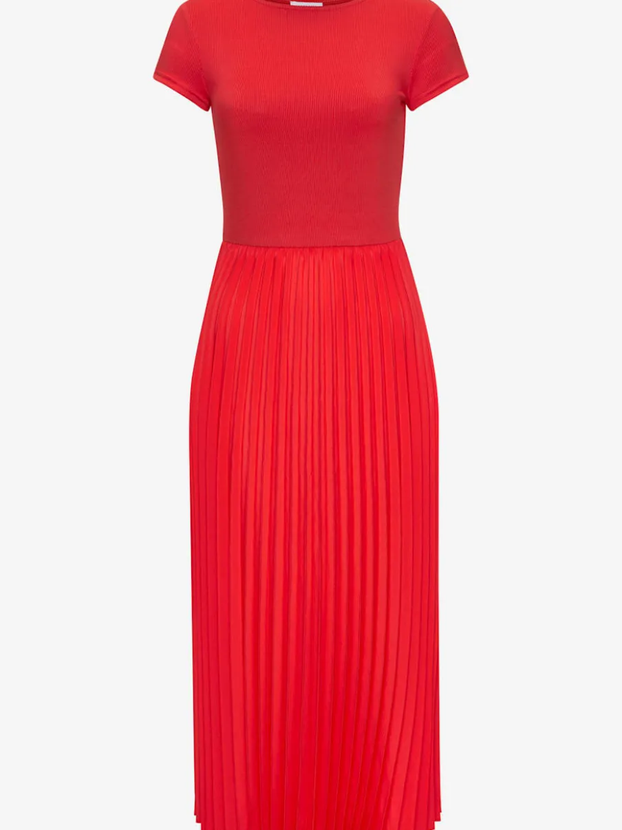 Robe mi-longue avec jupe plissée et col rond