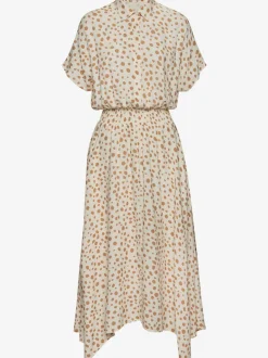 Robe mi-longue à col chemisier et empiècement smocké