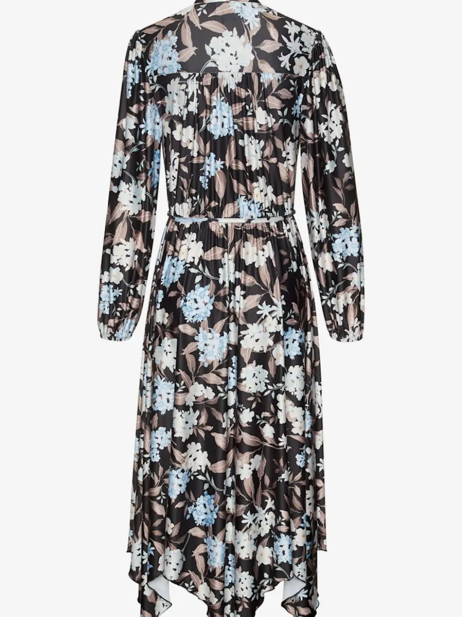 Robe mi-longue à col V et manches longues élastiques avec motifs floraux