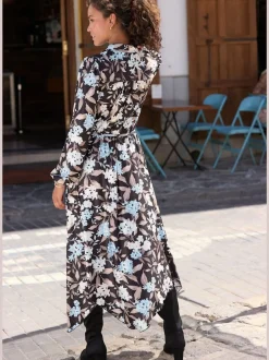 Robe mi-longue à col V et manches longues élastiques avec motifs floraux