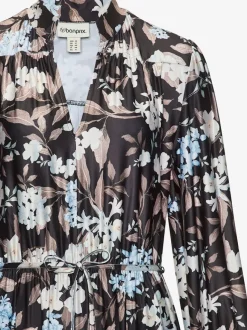 Robe mi-longue à col V et manches longues élastiques avec motifs floraux