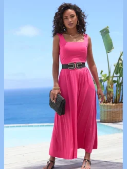 Robe mi-longue en jersey avec encolure droite et poches