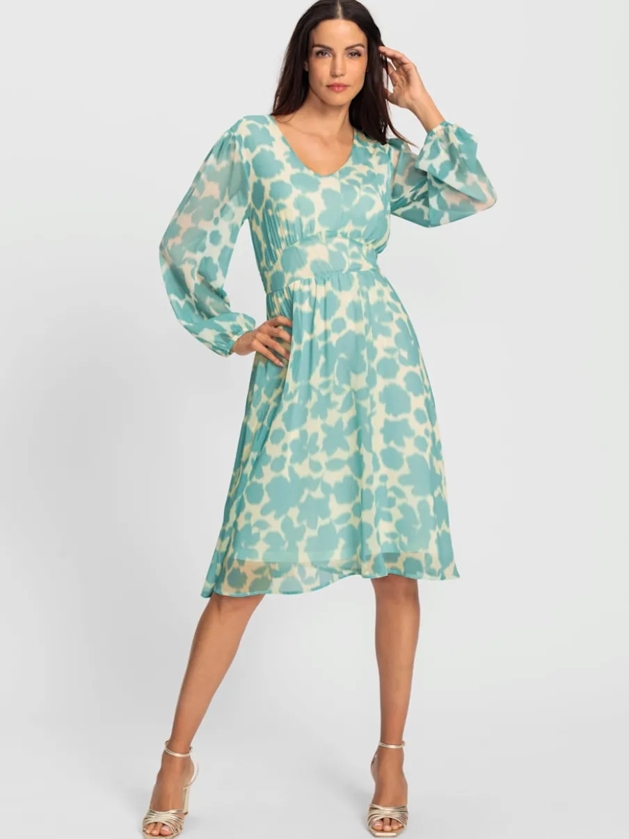 Robe à motif floral col V manches longues élastiquées