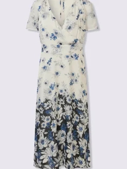 Robe satin imprimée col V avec bordures plissées