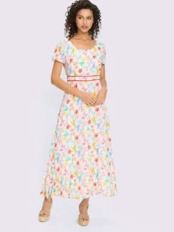 Robe tissée à encolure ronde et manches courtes avec motif feuilles artistiques