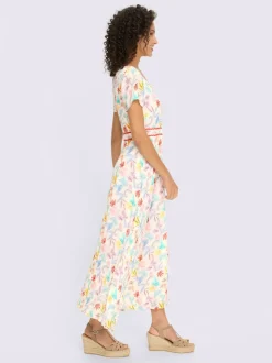 Robe tissée à encolure ronde et manches courtes avec motif feuilles artistiques