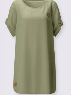 Robe tissée à encolure ronde et manches courtes retroussables