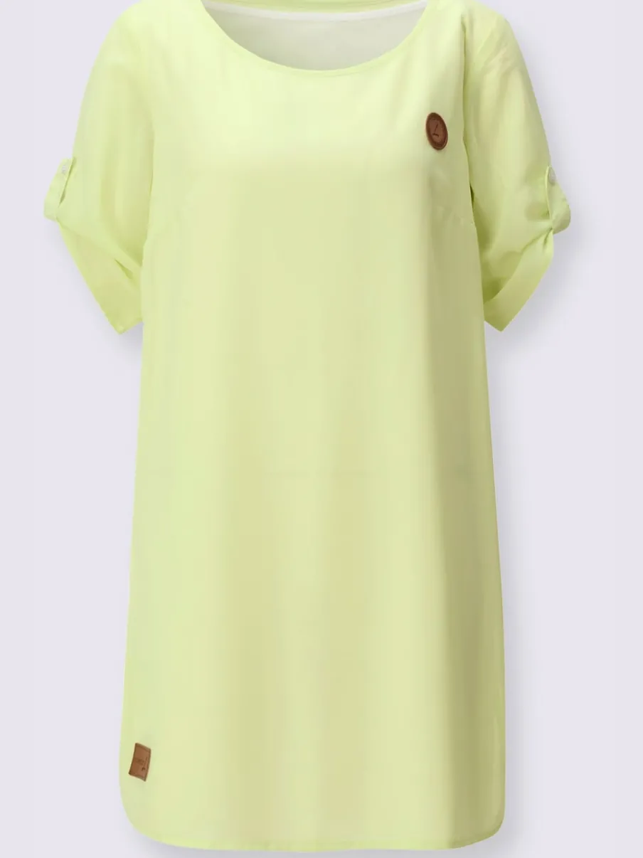 Robe tissée à encolure ronde et manches courtes retroussables