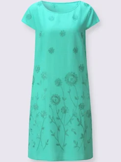 Robe tissée à encolure U avec broderie florale et poches latérales