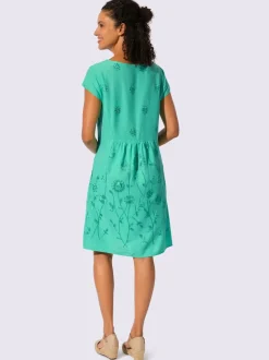 Robe tissée à encolure U avec broderie florale et poches latérales