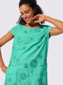 Robe tissée à encolure U avec broderie florale et poches latérales