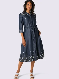 Robe tissée en lyocell avec broderie florale et ceinture à nouer