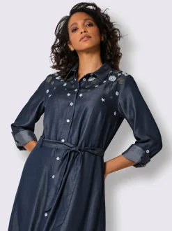 Robe tissée en lyocell avec broderie florale et ceinture à nouer