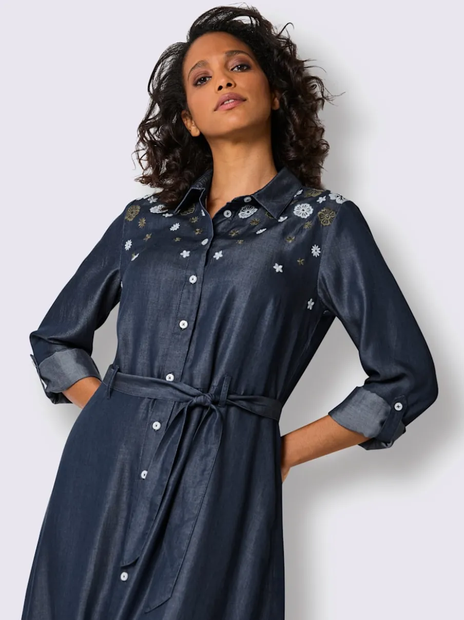 Robe tissée en lyocell avec broderie florale et ceinture à nouer