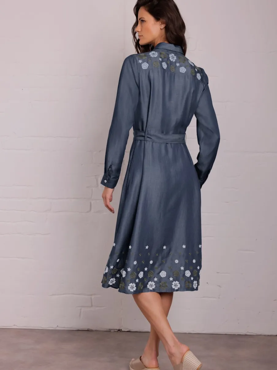 Robe tissée en lyocell avec broderie florale et ceinture à nouer