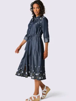 Robe tissée en lyocell avec broderie florale et ceinture à nouer