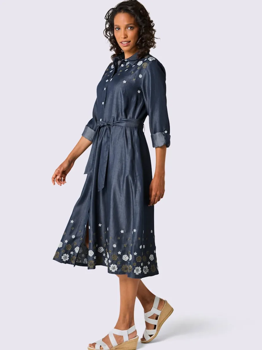 Robe tissée en lyocell avec broderie florale et ceinture à nouer