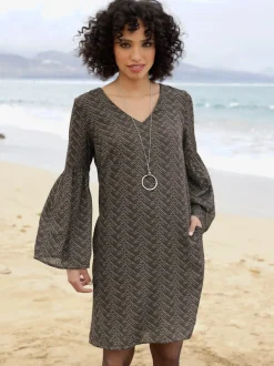 Robe tissée en V avec manches trompette et motif exclusif