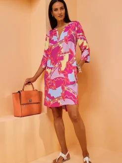 Robe tissée à manches trois quarts motif coloré chic