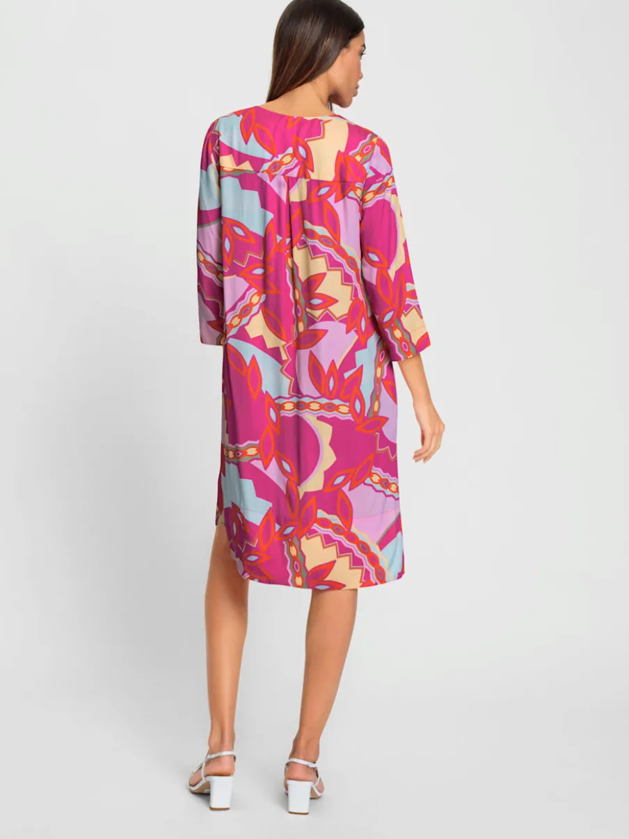 Robe tissée à manches trois quarts motif coloré chic