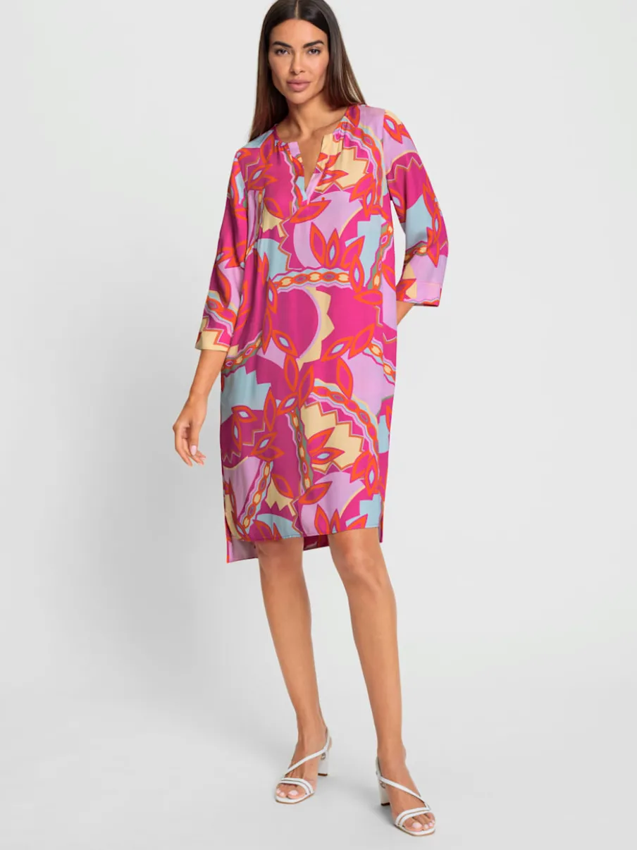 Robe tissée à manches trois quarts motif coloré chic