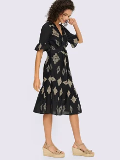 Robe évasée en coton avec col V et manches courtes à volants