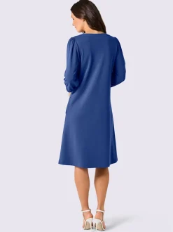 Robe évasée en mélange soie-viscose avec col V et manches ballon