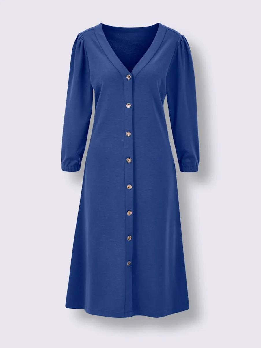 Robe évasée en mélange soie-viscose avec col V et manches ballon