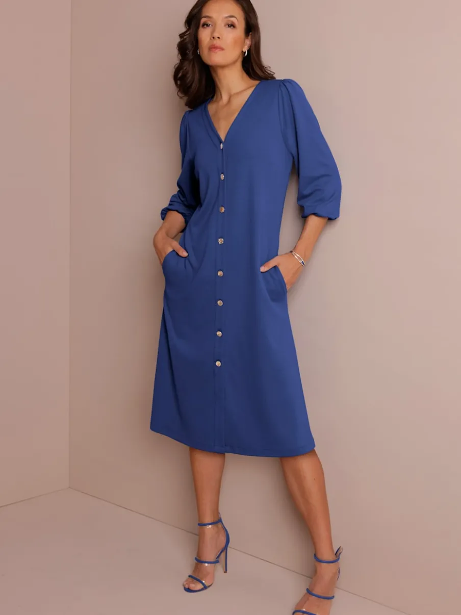 Robe évasée en mélange soie-viscose avec col V et manches ballon