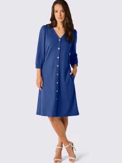Robe évasée en mélange soie-viscose avec col V et manches ballon