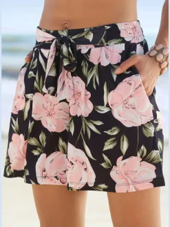 Short ample à ceinture élastique avec liens à nouer et motifs floraux