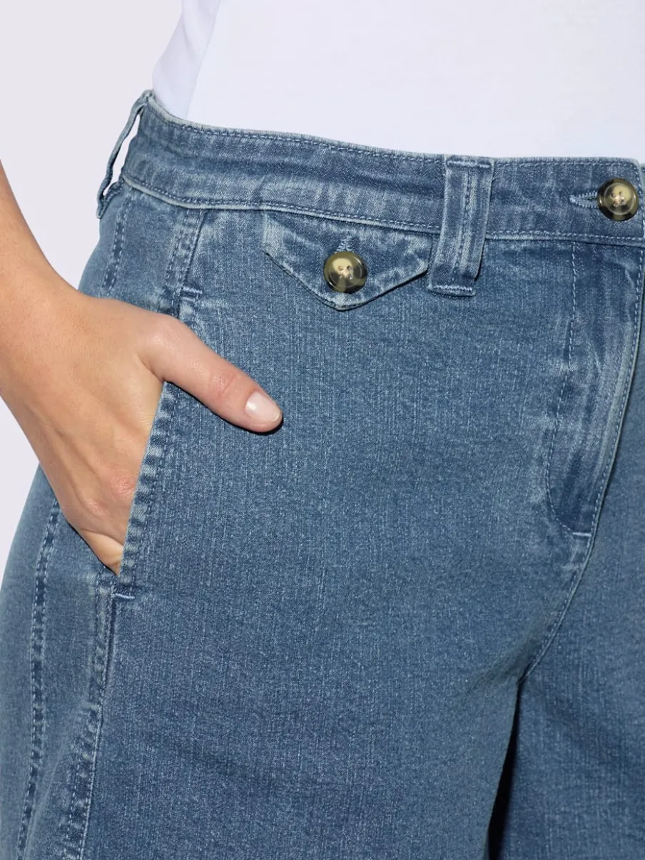 Short en coton extensible à taille légèrement haute avec poches décoratives et jambes larges