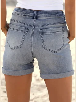Short en jean taille haute avec patte de boutonnage et revers fixe