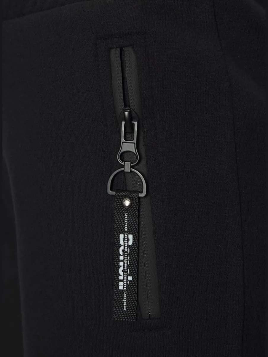 Short en matière sweat avec poches latérales zippées et ceinture élastique