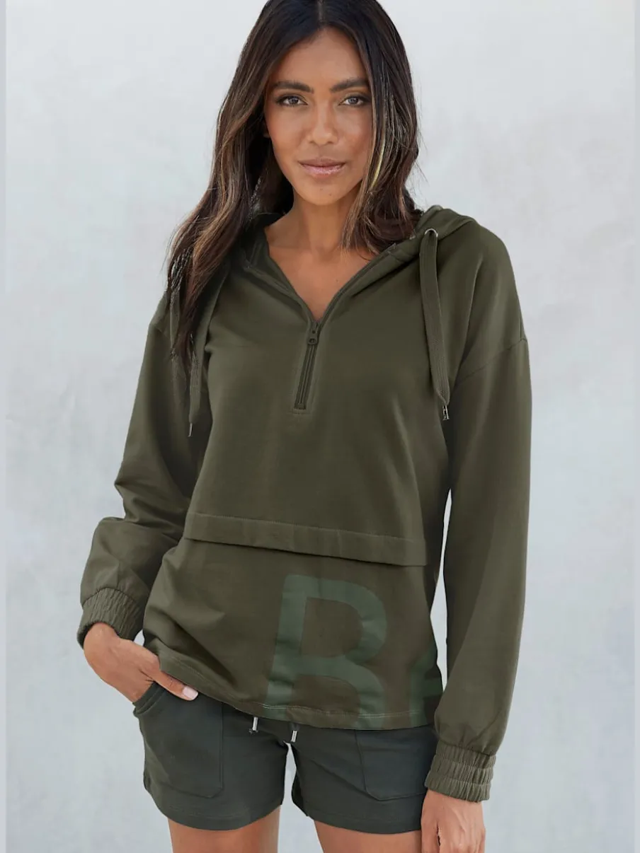 Sweatshirt avec glissière et capuche à manches longues et logo intégrant une qualité de sweat douce et élastique