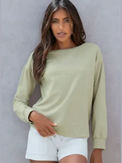 Sweatshirt basique à large encolure et manches longues avec logo ton sur ton