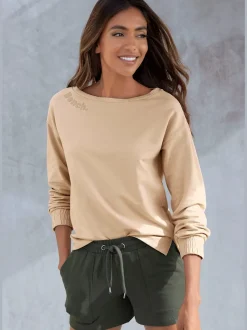 Sweatshirt basique à large encolure et manches longues avec logo ton sur ton