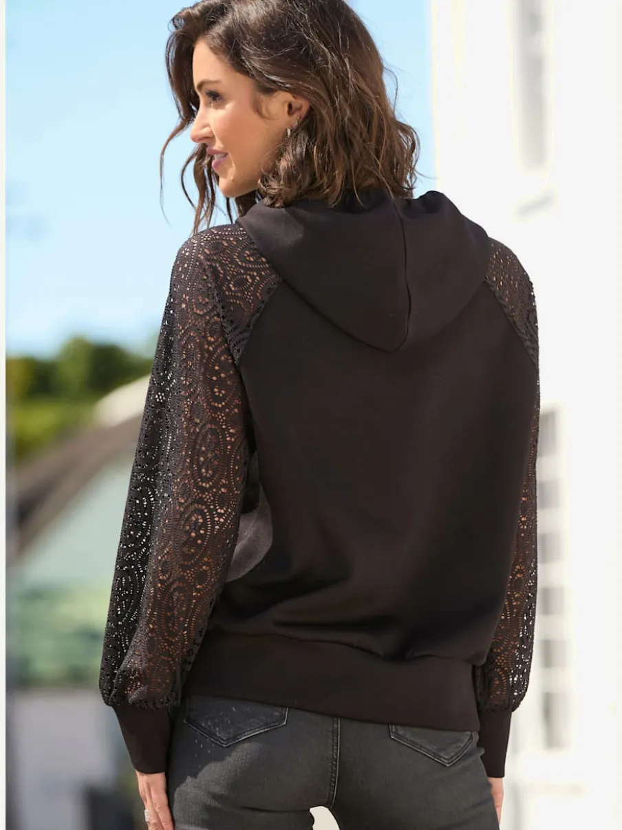 Sweatshirt à capuche avec manches en dentelle et cordon argenté