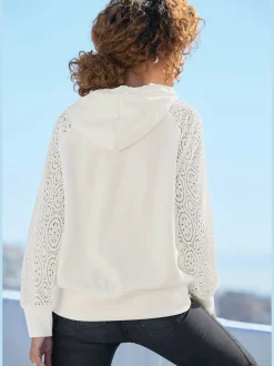 Sweatshirt à capuche avec manches en dentelle et cordon argenté