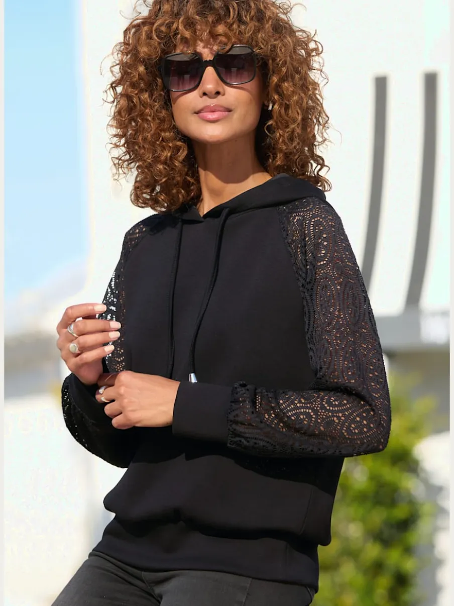Sweatshirt à capuche avec manches en dentelle et cordon argenté