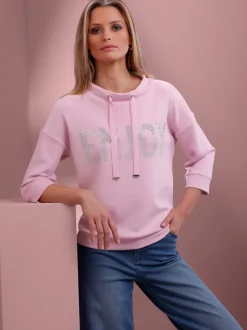 Sweatshirt col montant avec inscription et petites pierres