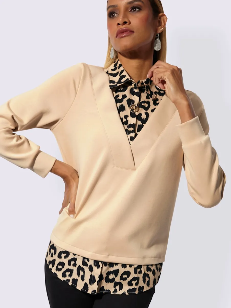 Sweatshirt à col V avec empiècement léopard et manches longues