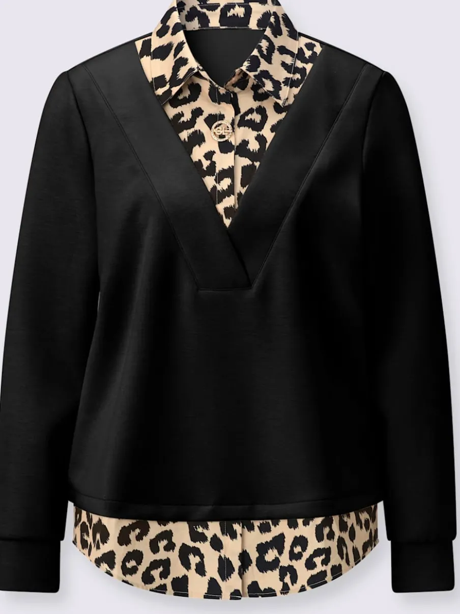 Sweatshirt à col V avec empiècement léopard et manches longues