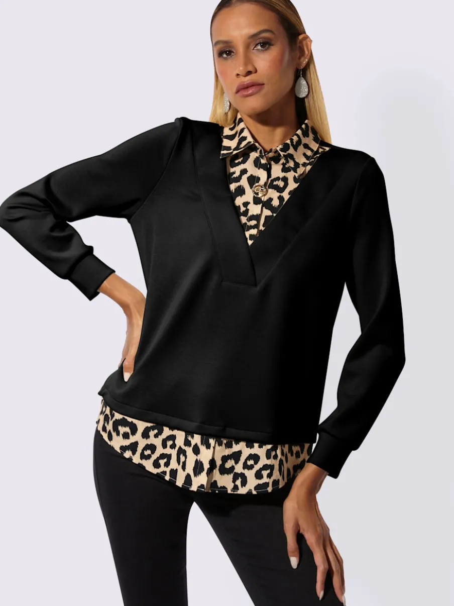 Sweatshirt à col V avec empiècement léopard et manches longues