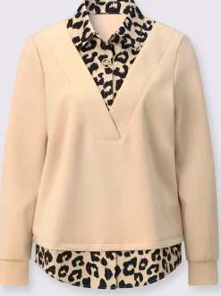 Sweatshirt à col V avec empiècement léopard et manches longues