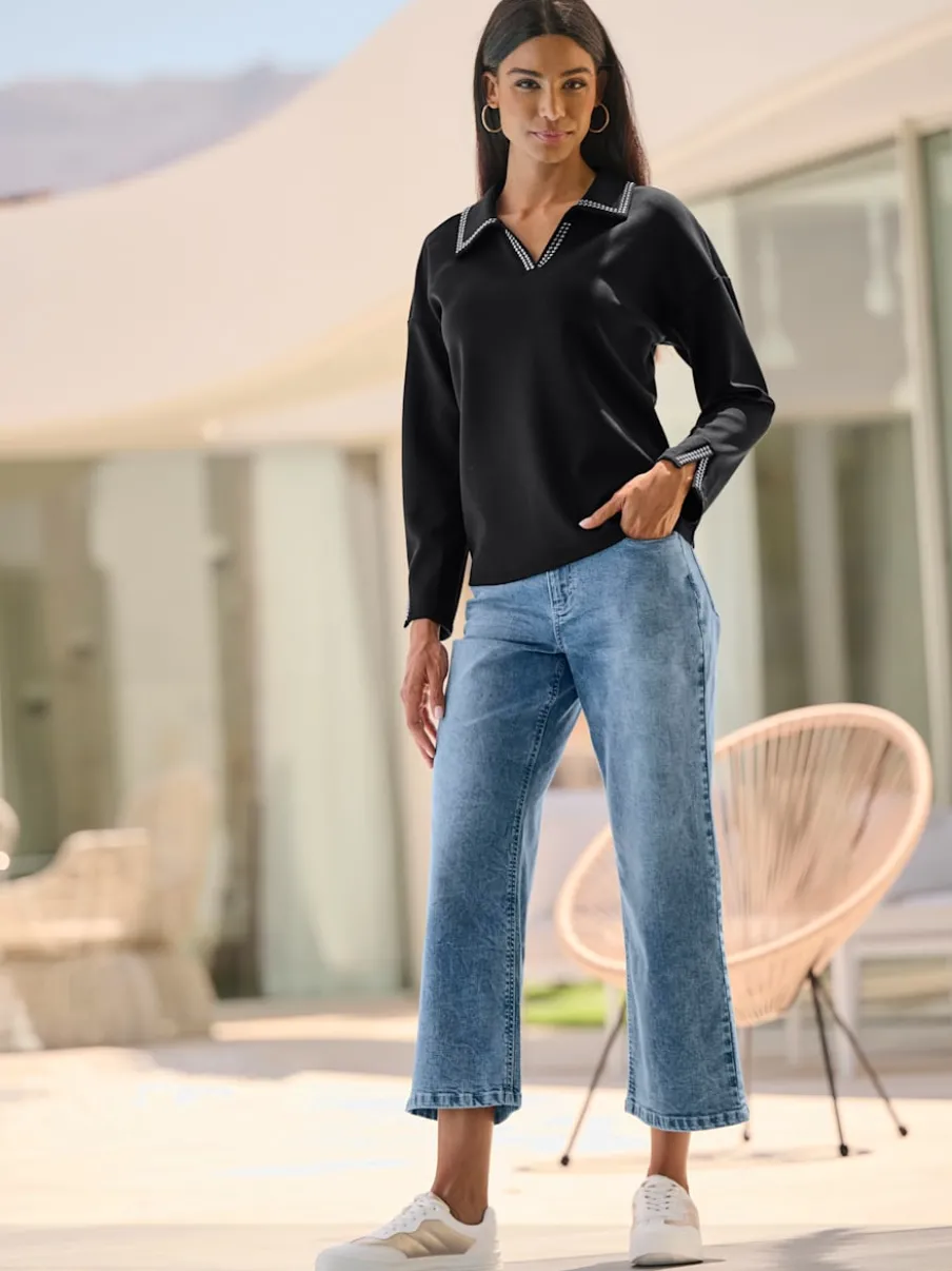 Sweatshirt à col V ouvert avec rivets décoratifs et manches longues