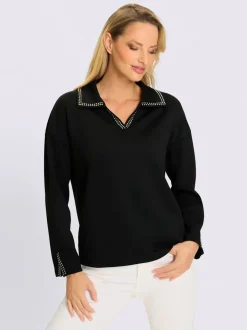 Sweatshirt à col V ouvert avec rivets décoratifs et manches longues
