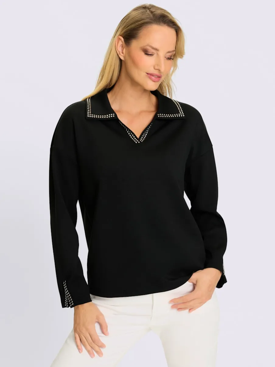 Sweatshirt à col V ouvert avec rivets décoratifs et manches longues